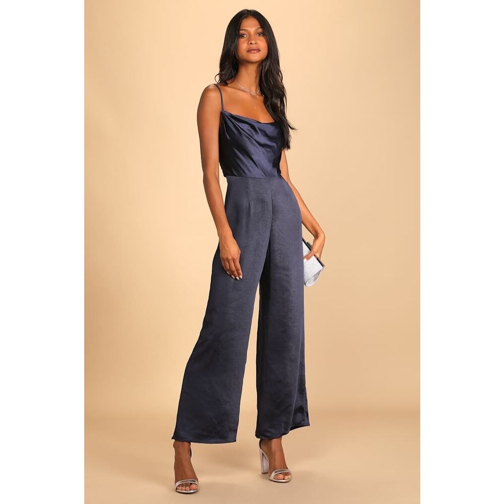 Lulus Perfect Night Navy Blue Satin Cowl Neck Culotte Jumpsuit Womens Small